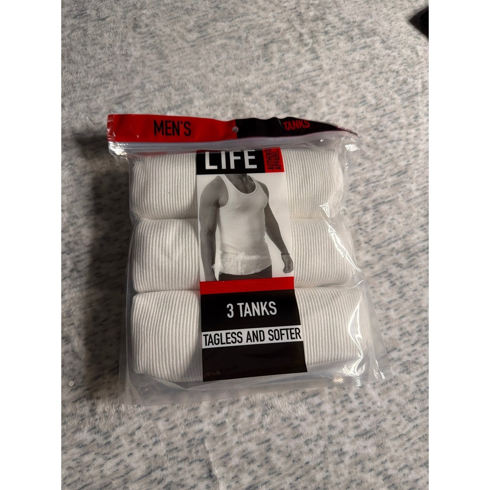 LIFE‎ Mens 3 Pack White Cotton Ribbed Tank Tops Size XL Tagless Soft NWT